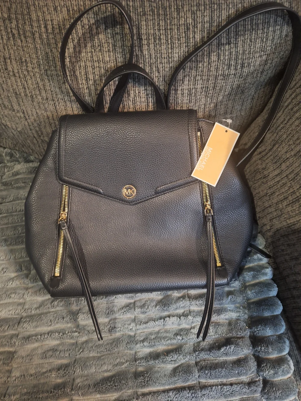 Michael Kors Black Pebbled Leather Mini Backpack with Gold Accents
